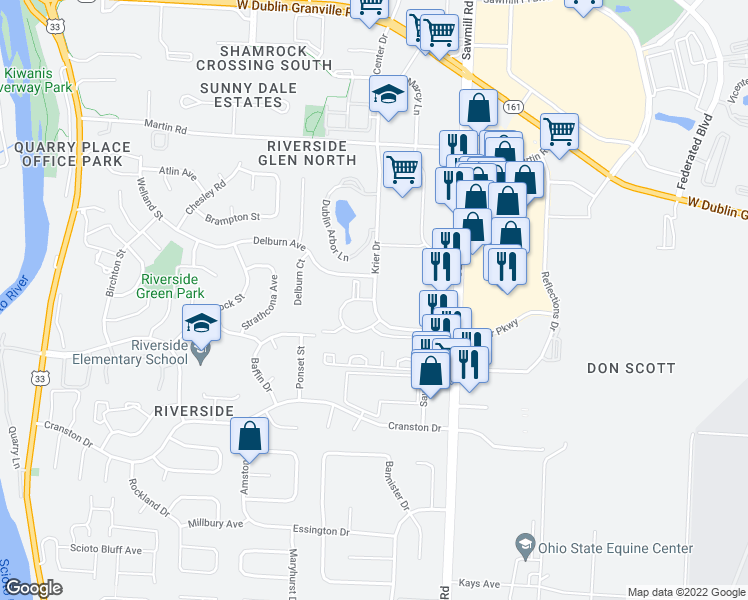 map of restaurants, bars, coffee shops, grocery stores, and more near Krier Dr & Millridge Circle in Dublin