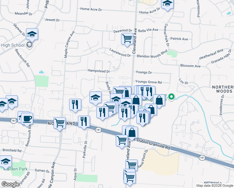 map of restaurants, bars, coffee shops, grocery stores, and more near 2392 Pinecrest Drive in Columbus