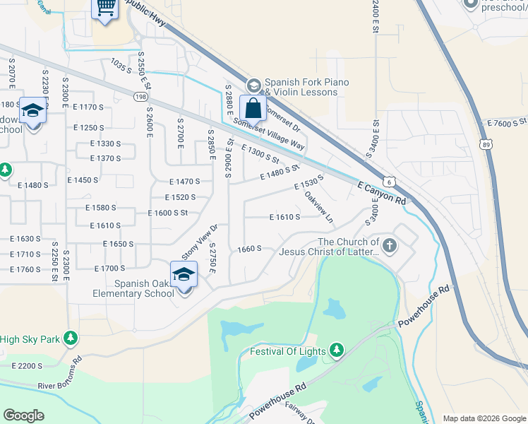 map of restaurants, bars, coffee shops, grocery stores, and more near 2982 East 1610 South in Spanish Fork