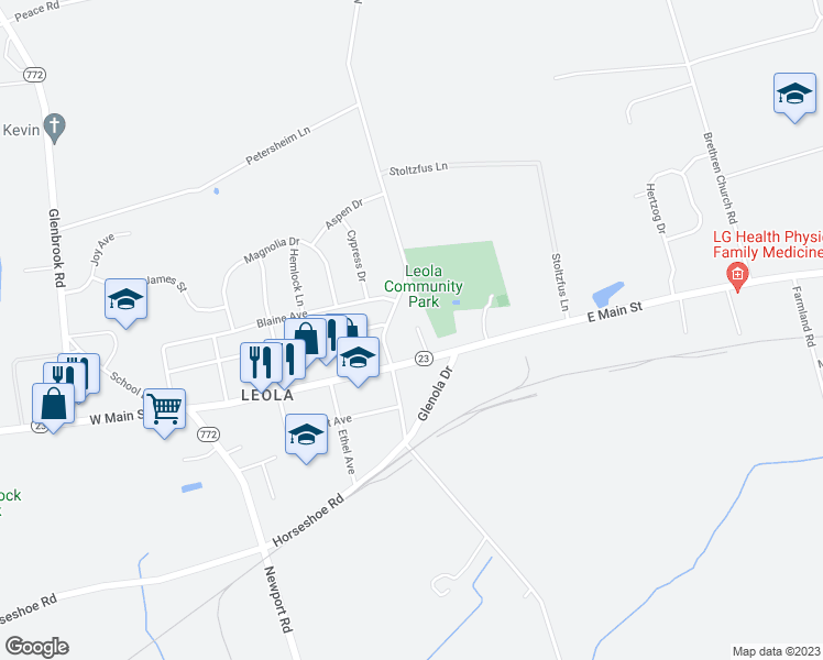 map of restaurants, bars, coffee shops, grocery stores, and more near 32 Ann Road in Leacock-Leola-Bareville
