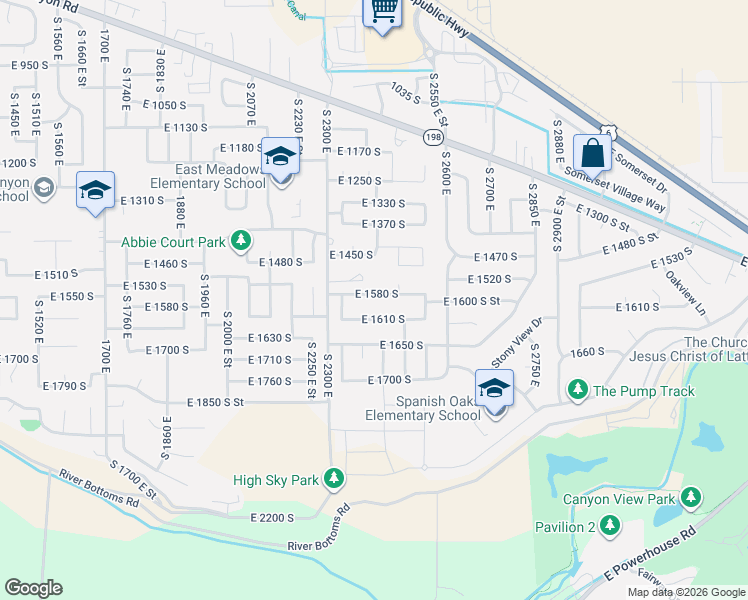 map of restaurants, bars, coffee shops, grocery stores, and more near 2363 East 1610 South in Spanish Fork