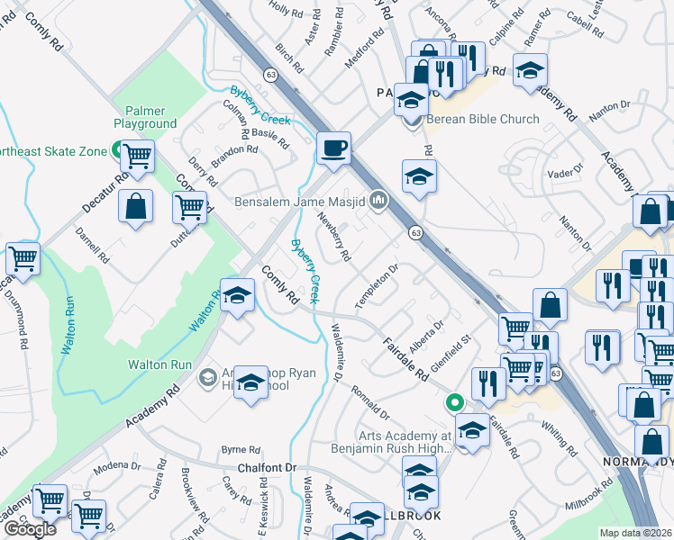 map of restaurants, bars, coffee shops, grocery stores, and more near 11930 Waldemire Drive in Philadelphia
