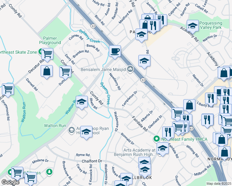map of restaurants, bars, coffee shops, grocery stores, and more near 3674 Salina Road in Philadelphia