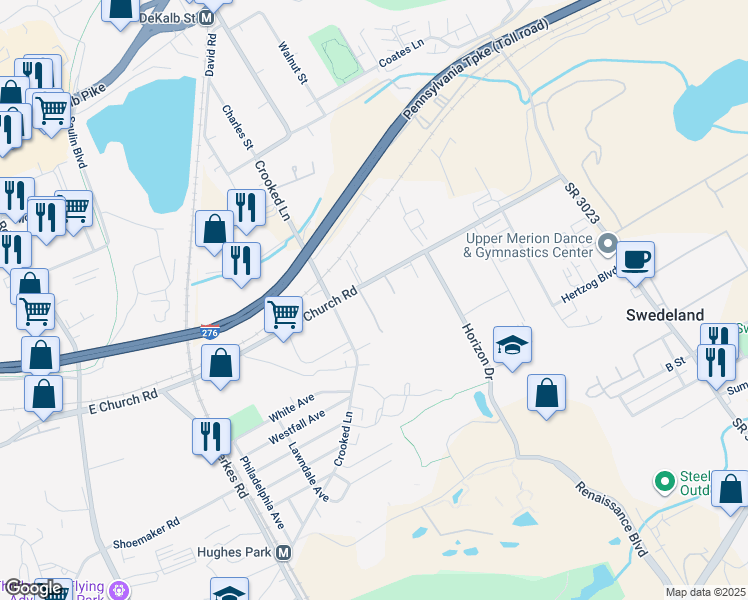 map of restaurants, bars, coffee shops, grocery stores, and more near 414 Walnut Street in King of Prussia