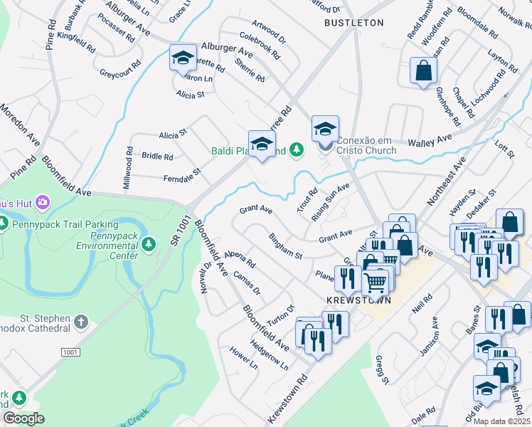 map of restaurants, bars, coffee shops, grocery stores, and more near 1026 Grant Avenue in Philadelphia