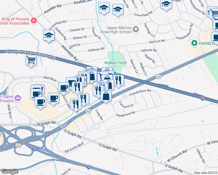 map of restaurants, bars, coffee shops, grocery stores, and more near 140 Allendale Road in King of Prussia
