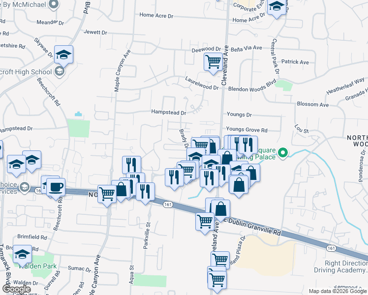 map of restaurants, bars, coffee shops, grocery stores, and more near 2330 Pinecrest Drive in Columbus