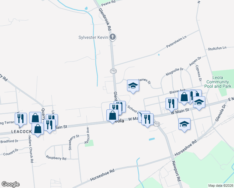 map of restaurants, bars, coffee shops, grocery stores, and more near 30 Glenbrook Road in Leacock-Leola-Bareville