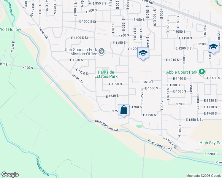 map of restaurants, bars, coffee shops, grocery stores, and more near 1570 South 1233 East in Spanish Fork