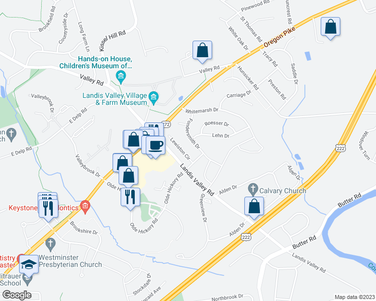 map of restaurants, bars, coffee shops, grocery stores, and more near 11 Lewiston Circle in Lancaster