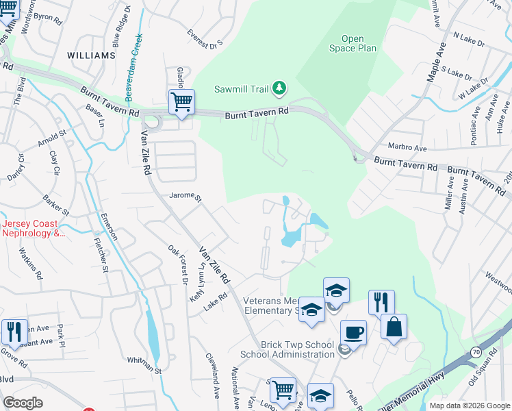 map of restaurants, bars, coffee shops, grocery stores, and more near 115 Brandywine Court in Brick