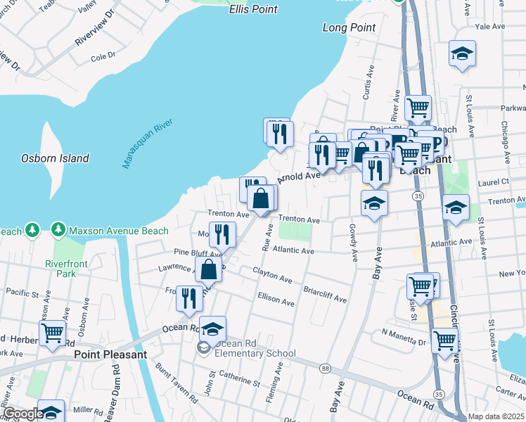 map of restaurants, bars, coffee shops, grocery stores, and more near 902 Arnold Avenue in Point Pleasant