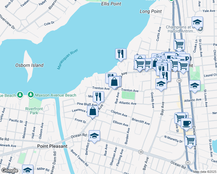 map of restaurants, bars, coffee shops, grocery stores, and more near 902 Arnold Avenue in Point Pleasant