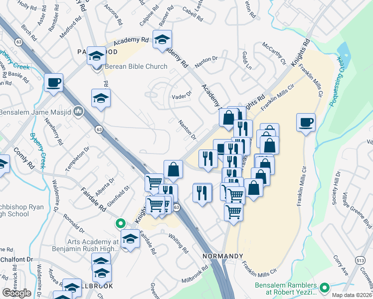 map of restaurants, bars, coffee shops, grocery stores, and more near 101 Franklin Mills Boulevard in Philadelphia