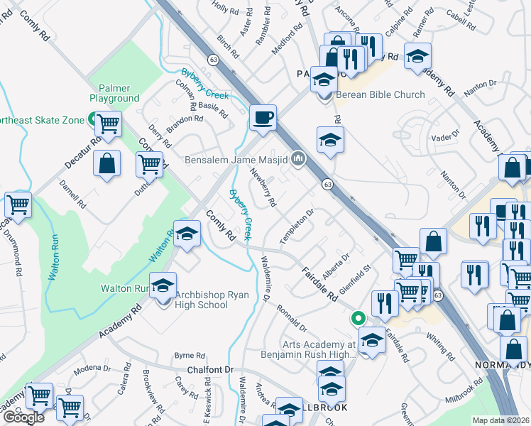map of restaurants, bars, coffee shops, grocery stores, and more near 11930 Waldemire Drive in Philadelphia