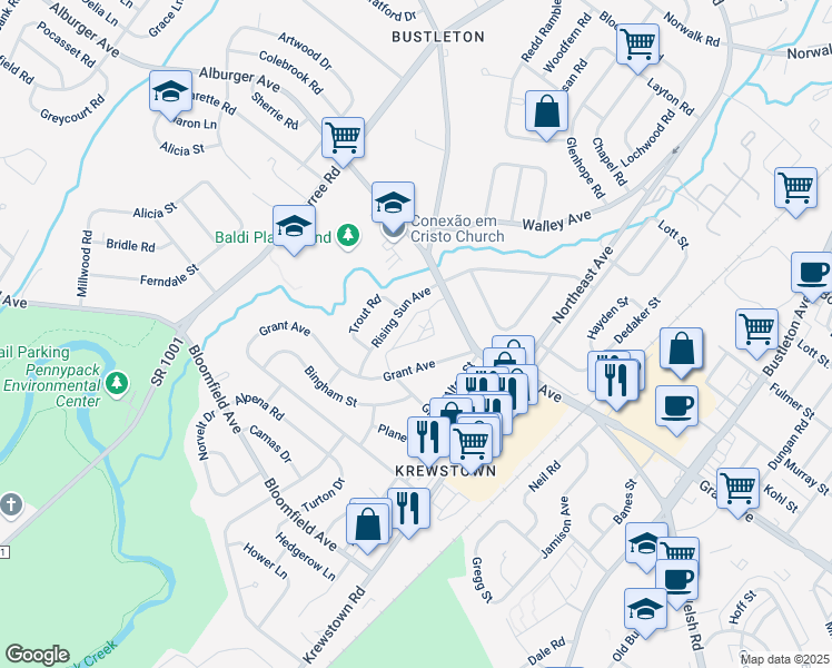 map of restaurants, bars, coffee shops, grocery stores, and more near 1217 Grant Avenue in Philadelphia