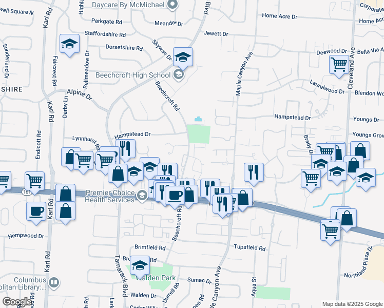 map of restaurants, bars, coffee shops, grocery stores, and more near 5849 Branchwood Street in Columbus