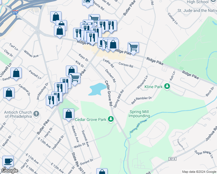 map of restaurants, bars, coffee shops, grocery stores, and more near 84 Cedar Grove Road in Conshohocken