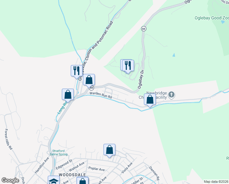 map of restaurants, bars, coffee shops, grocery stores, and more near 51-57 Warden Run Rd in Wheeling