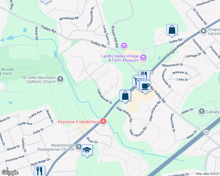 map of restaurants, bars, coffee shops, grocery stores, and more near 95 Valleybrook Drive in Lancaster