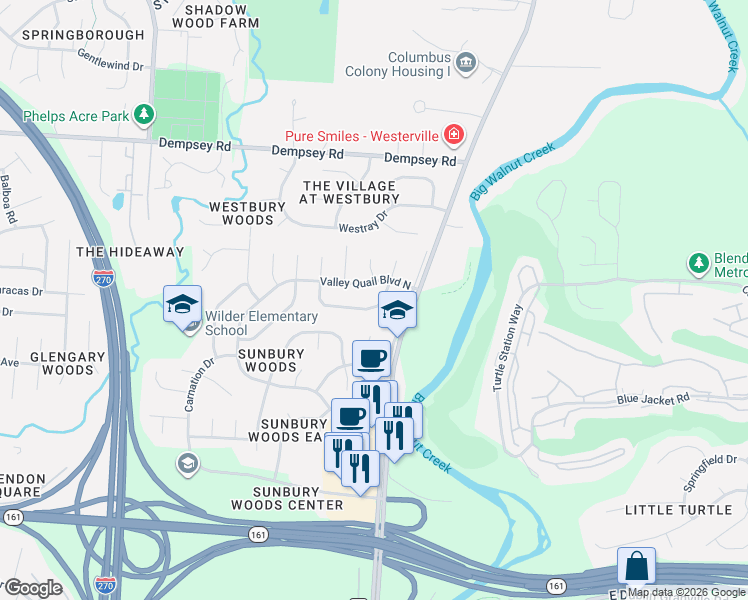 map of restaurants, bars, coffee shops, grocery stores, and more near 4491 Scissortail Loop in Westerville