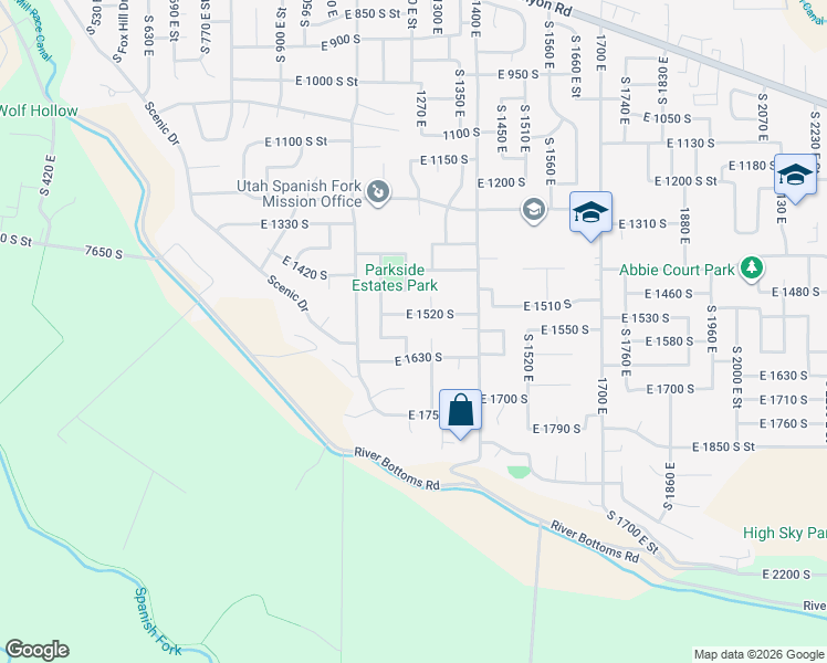map of restaurants, bars, coffee shops, grocery stores, and more near 1570 South 1233 East in Spanish Fork
