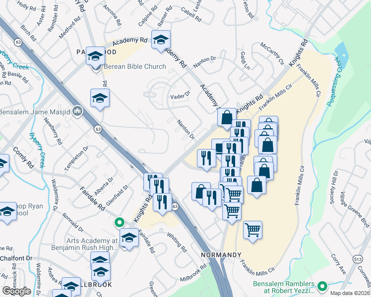 map of restaurants, bars, coffee shops, grocery stores, and more near 101 Franklin Mills Boulevard in Philadelphia