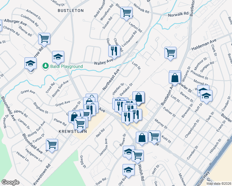 map of restaurants, bars, coffee shops, grocery stores, and more near 9611 Dedaker Street in Philadelphia