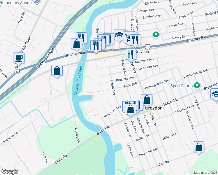 map of restaurants, bars, coffee shops, grocery stores, and more near 425 Main Avenue in Croydon