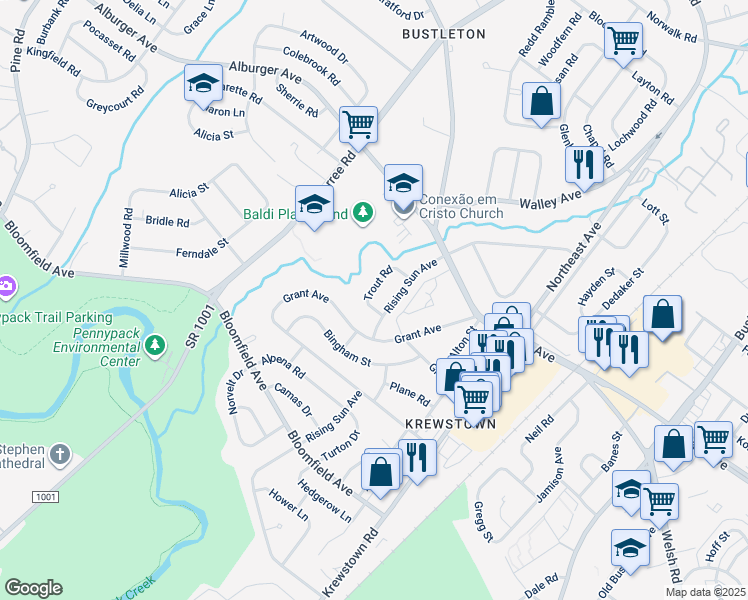 map of restaurants, bars, coffee shops, grocery stores, and more near 9313 Trout Road in Philadelphia