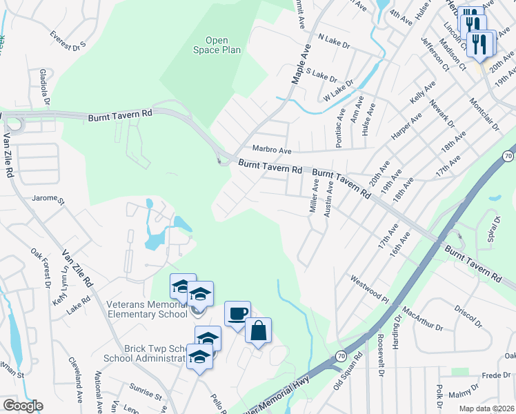 map of restaurants, bars, coffee shops, grocery stores, and more near 313 Maxwell Court in Brick Township