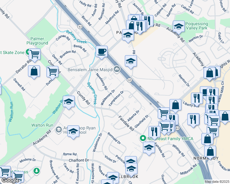 map of restaurants, bars, coffee shops, grocery stores, and more near 12013 Waldemire Drive in Philadelphia