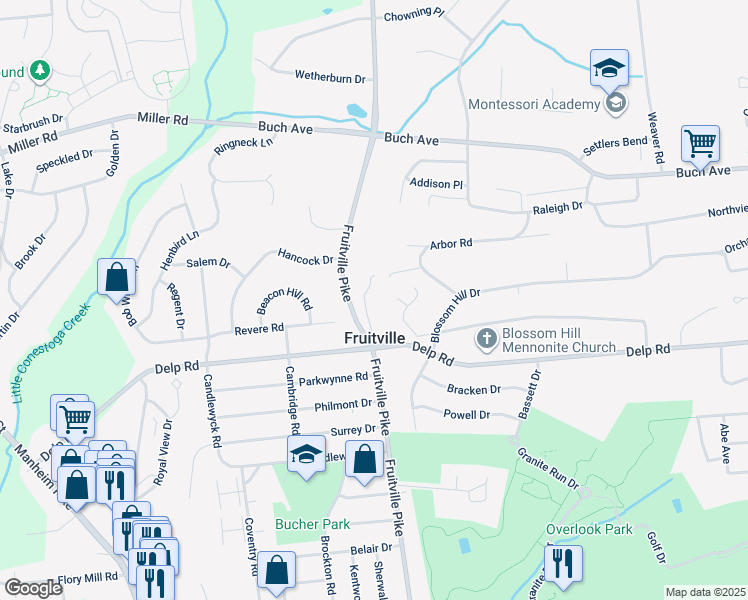 map of restaurants, bars, coffee shops, grocery stores, and more near 2305 Fruitville Pike in Lancaster