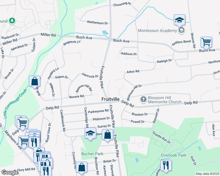 map of restaurants, bars, coffee shops, grocery stores, and more near 2305 Fruitville Pike in Lancaster