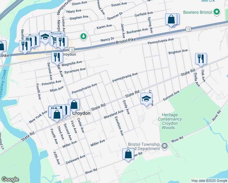 map of restaurants, bars, coffee shops, grocery stores, and more near 702 Wyoming Ave in Croydon