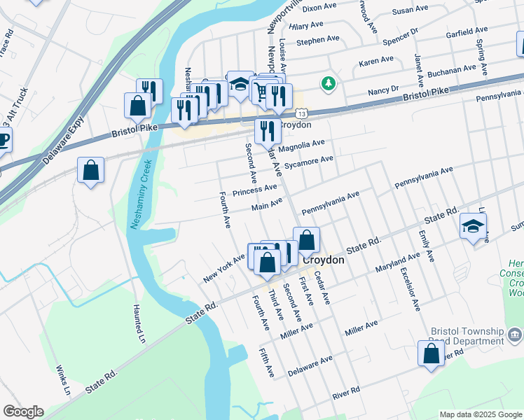 map of restaurants, bars, coffee shops, grocery stores, and more near 600 Main Avenue in Croydon