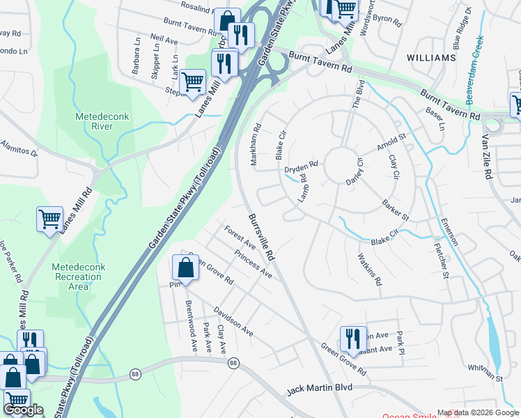 map of restaurants, bars, coffee shops, grocery stores, and more near 1705 Burrsville Road in Brick Township