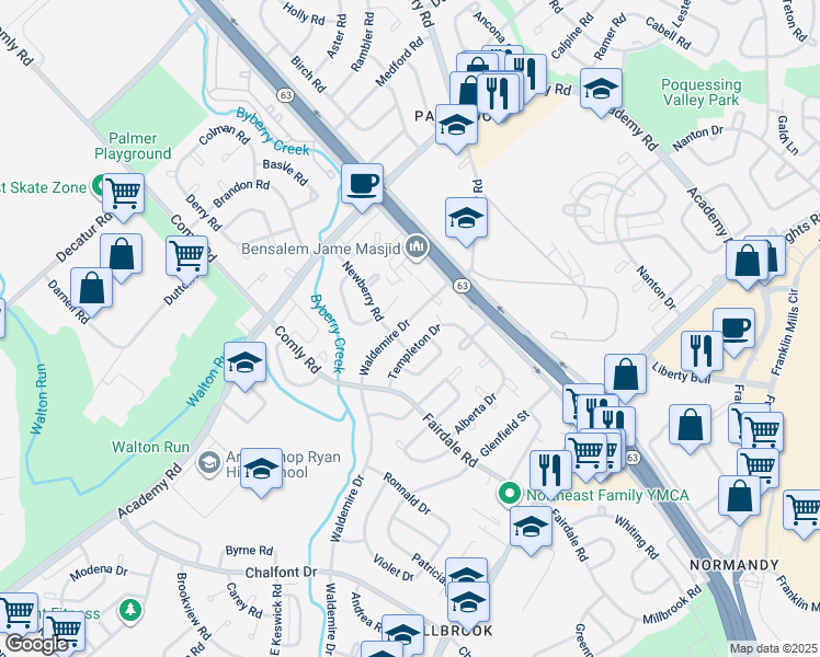 map of restaurants, bars, coffee shops, grocery stores, and more near 12013 Waldemire Drive in Philadelphia