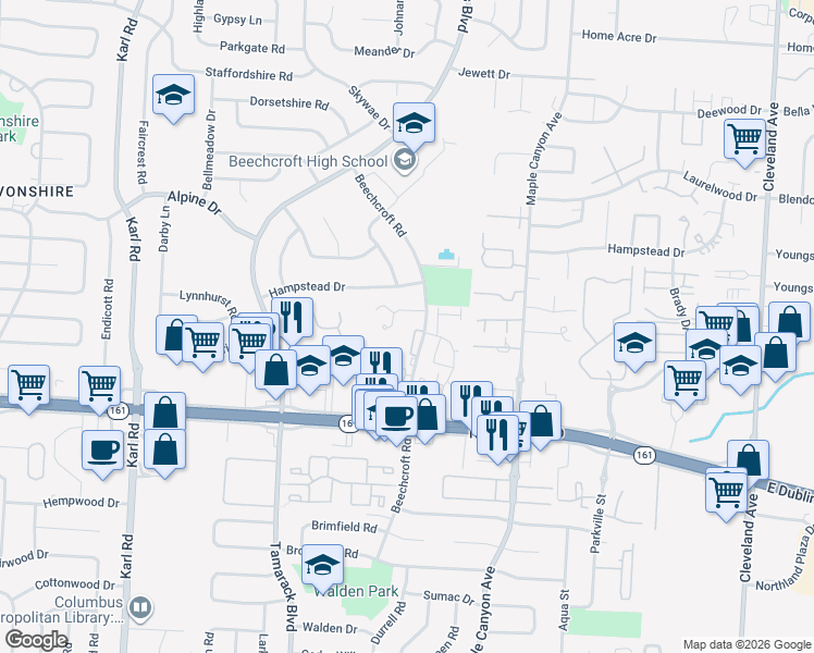 map of restaurants, bars, coffee shops, grocery stores, and more near 5885 Beechcroft Road in Columbus
