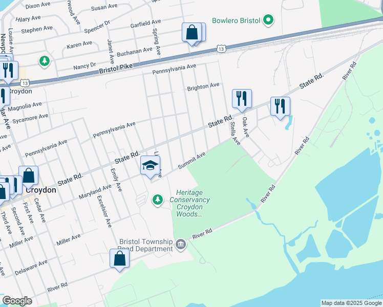 map of restaurants, bars, coffee shops, grocery stores, and more near 840 Central Avenue in Croydon