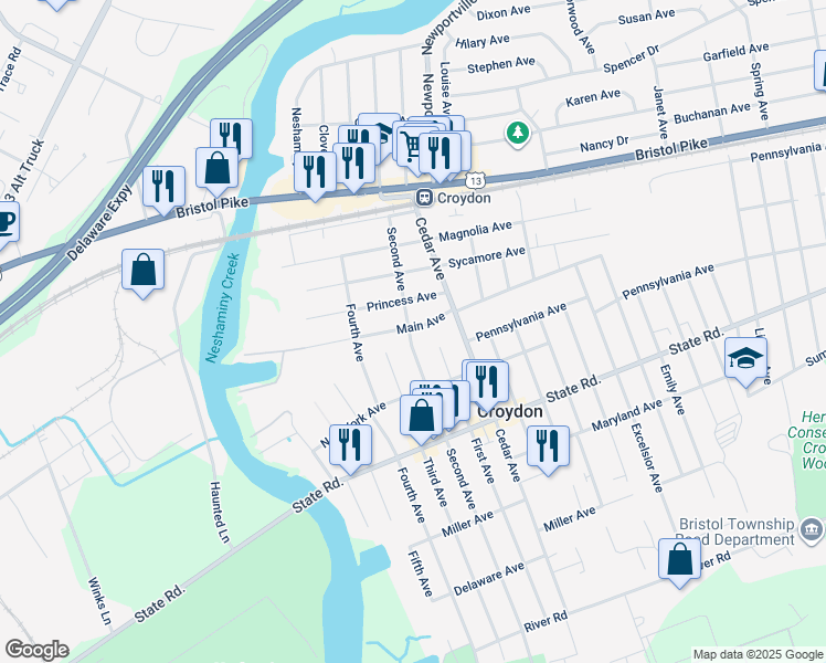 map of restaurants, bars, coffee shops, grocery stores, and more near 600 Main Avenue in Croydon