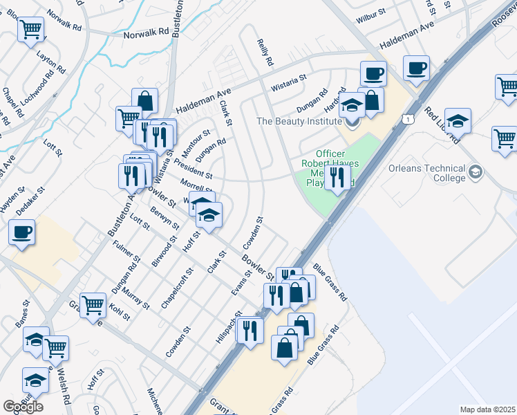 map of restaurants, bars, coffee shops, grocery stores, and more near 9774 Cowden Street in Philadelphia