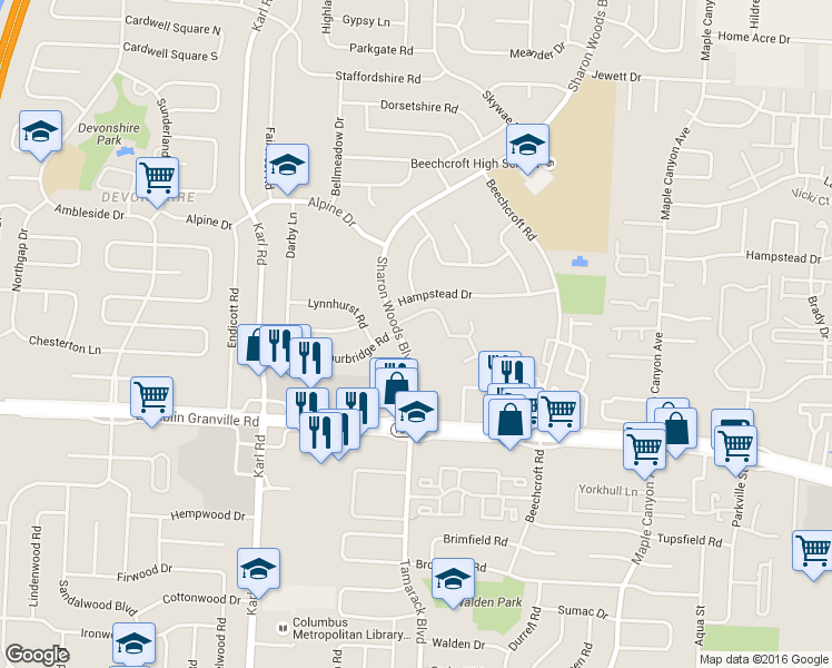 map of restaurants, bars, coffee shops, grocery stores, and more near 5950 Sharon Woods Boulevard in Columbus