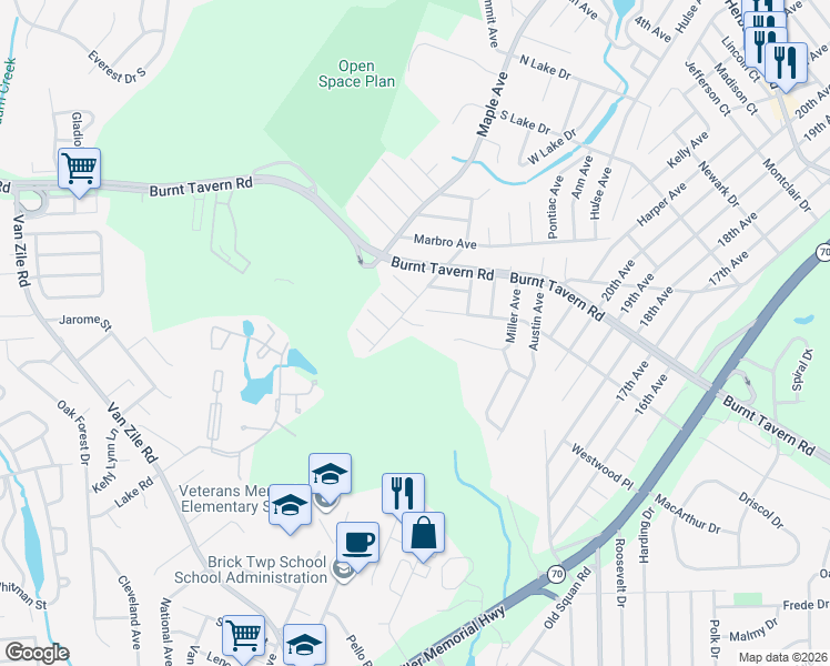 map of restaurants, bars, coffee shops, grocery stores, and more near 313 Maxwell Court in Brick Township