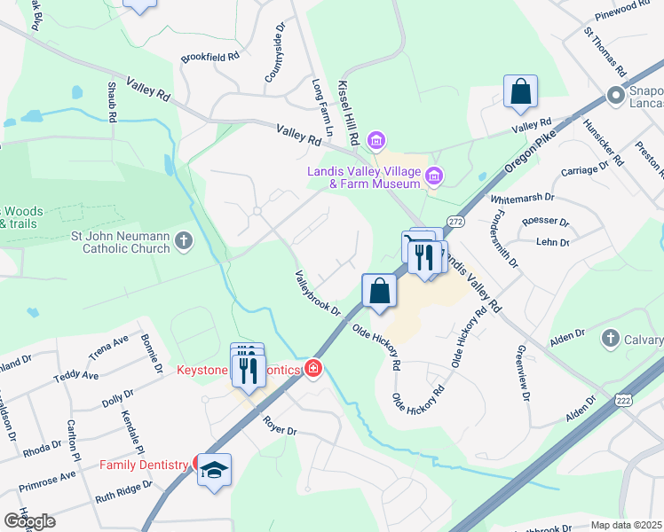 map of restaurants, bars, coffee shops, grocery stores, and more near 93 Valleybrook Drive in Lancaster