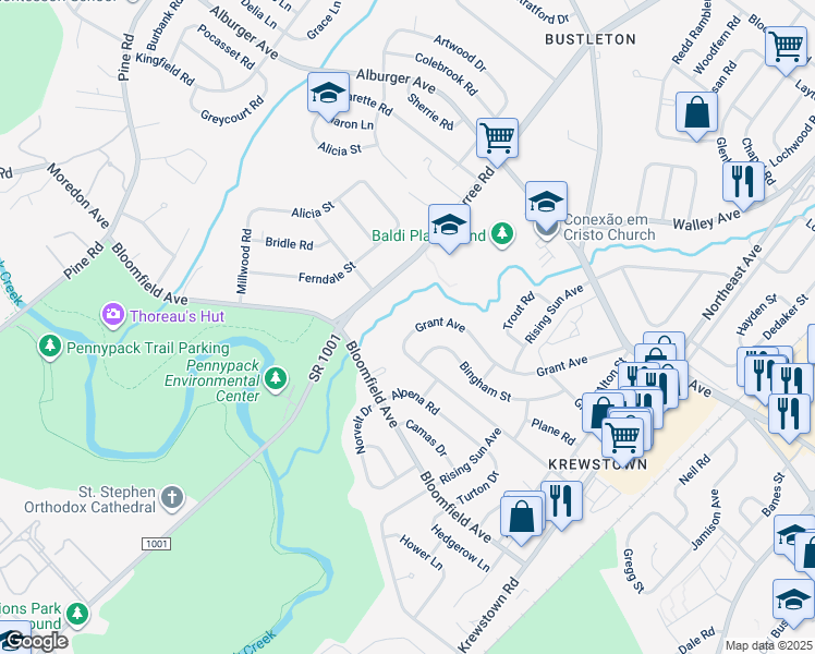 map of restaurants, bars, coffee shops, grocery stores, and more near 1007 Grant Avenue in Philadelphia