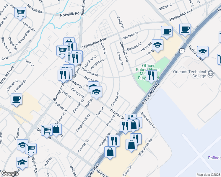 map of restaurants, bars, coffee shops, grocery stores, and more near 9747 Chapelcroft Street in Philadelphia