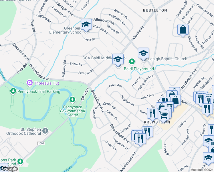 map of restaurants, bars, coffee shops, grocery stores, and more near 1007 Grant Avenue in Philadelphia