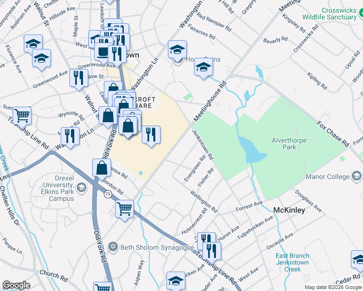 map of restaurants, bars, coffee shops, grocery stores, and more near 338 Wellington Terrace in Jenkintown