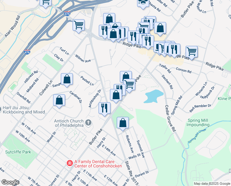 map of restaurants, bars, coffee shops, grocery stores, and more near 1652 Butler Pike in Conshohocken